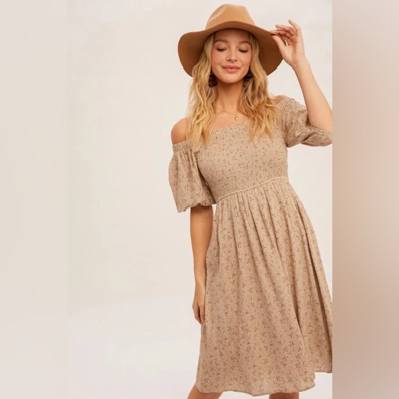 NWT Hem & Thread Taupe Floral Off Shoulder Puff Sleeve MIDI Dress size S - Picture 3 of 15